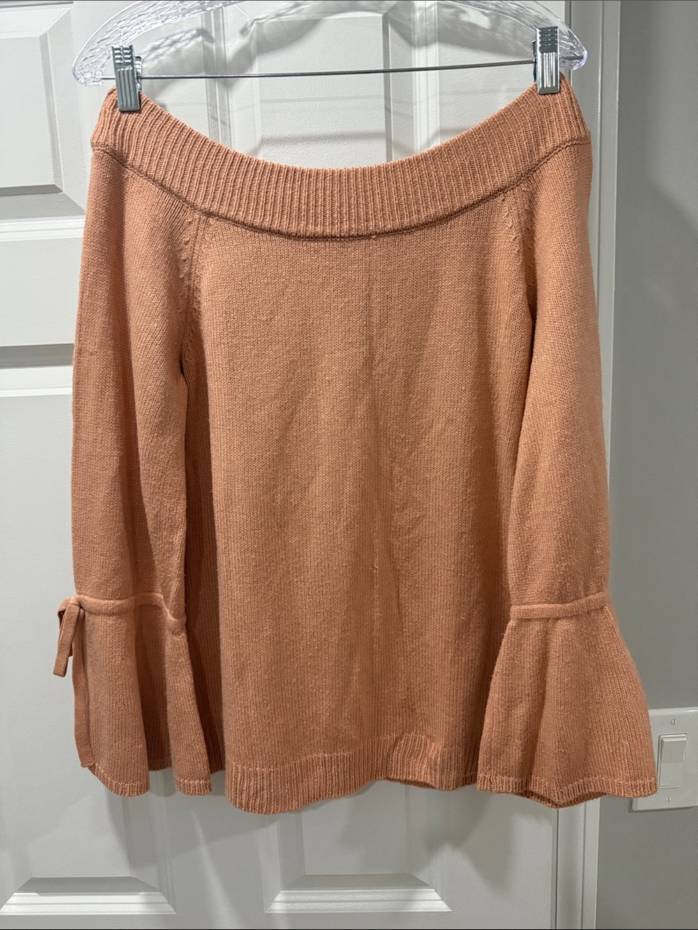 Off-the-Shoulder Bell-Sleeve Sweater in Peach